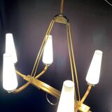 Maison Lunel certified bronze chandelier, six conical opalines, mid-century France