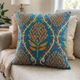 Silk Embroidered Floral Cushion Cover. Blue Throw Pillow Case. Traditional Uzbek Accent Pillow.