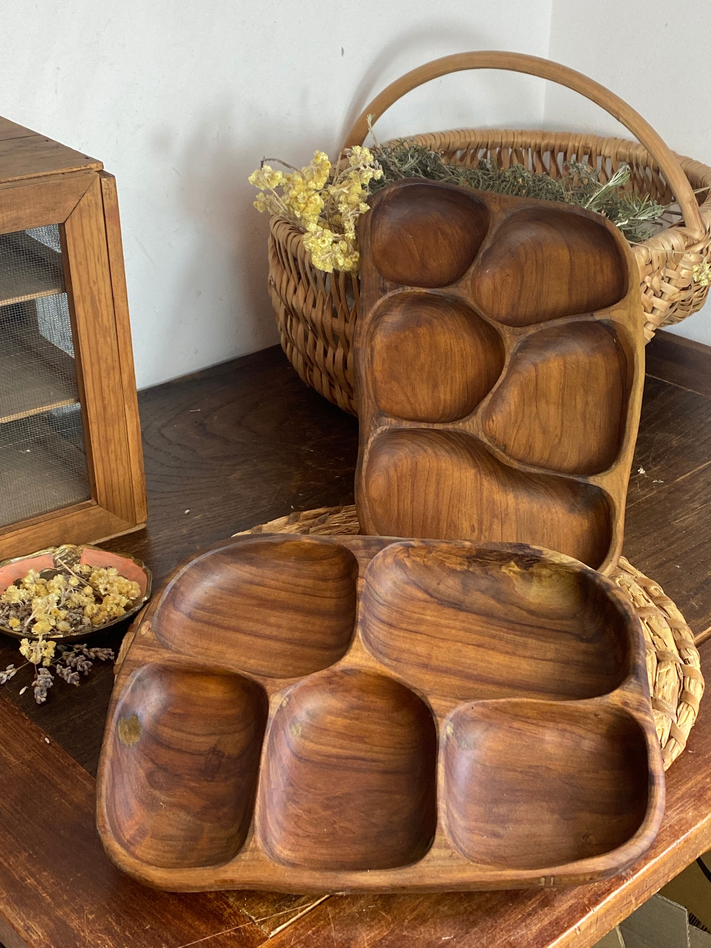 Olive wood platters, in organic shapes.