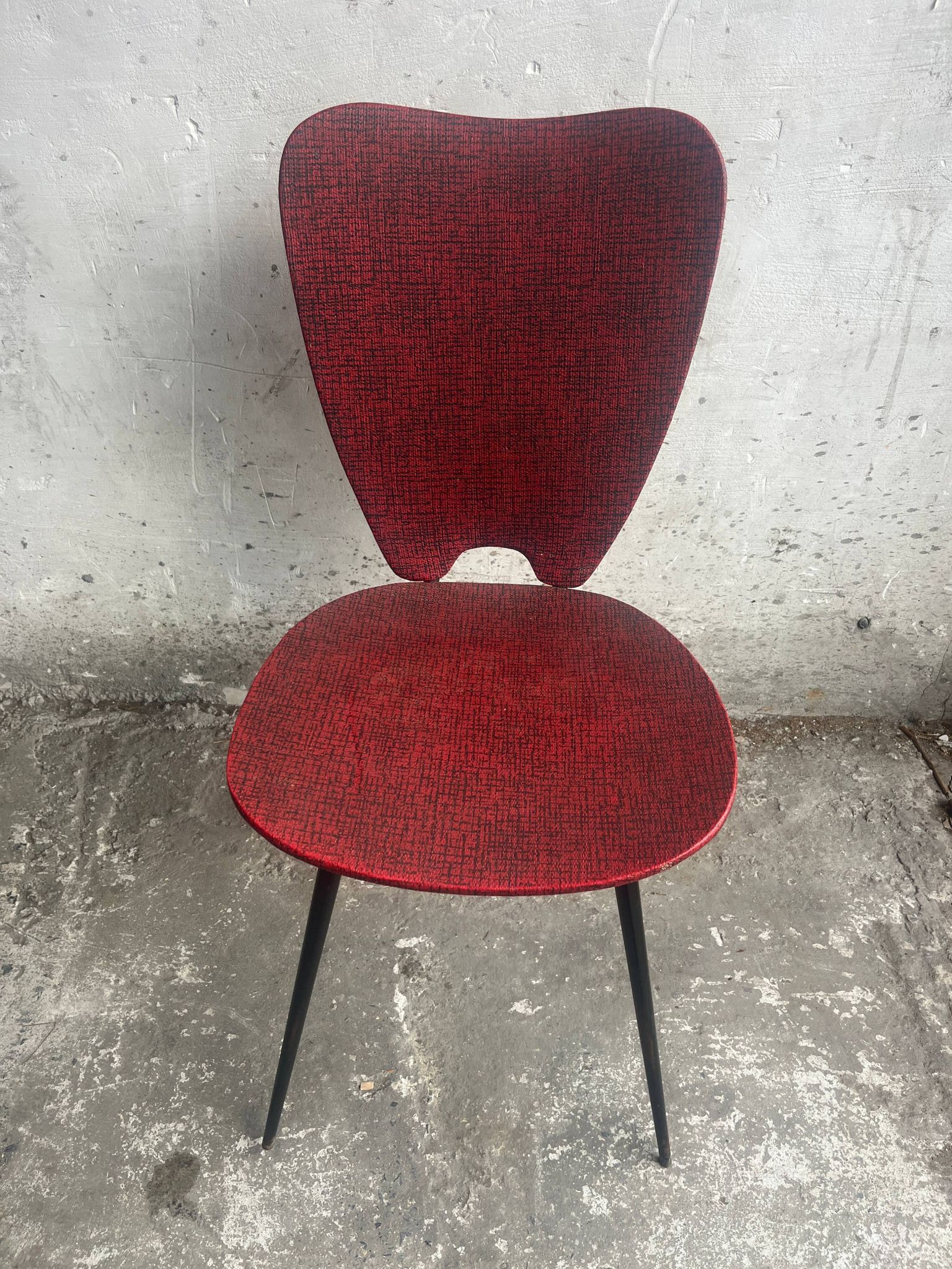 Pair of Mid-Century Red Vinyl Dining Chairs with Black Metal Legs, Sculptural Curved Backs