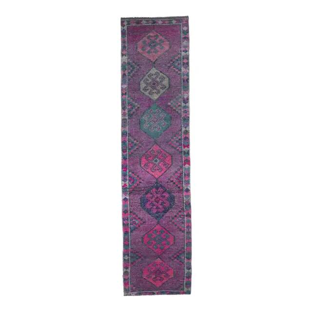 Vintage Purple Pink Natural Turkish Hand-Knotted Runner 82x355