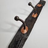 Handcrafted wall coat rack in driftwood, copper and forged steel, 3 hooks, 63 cm