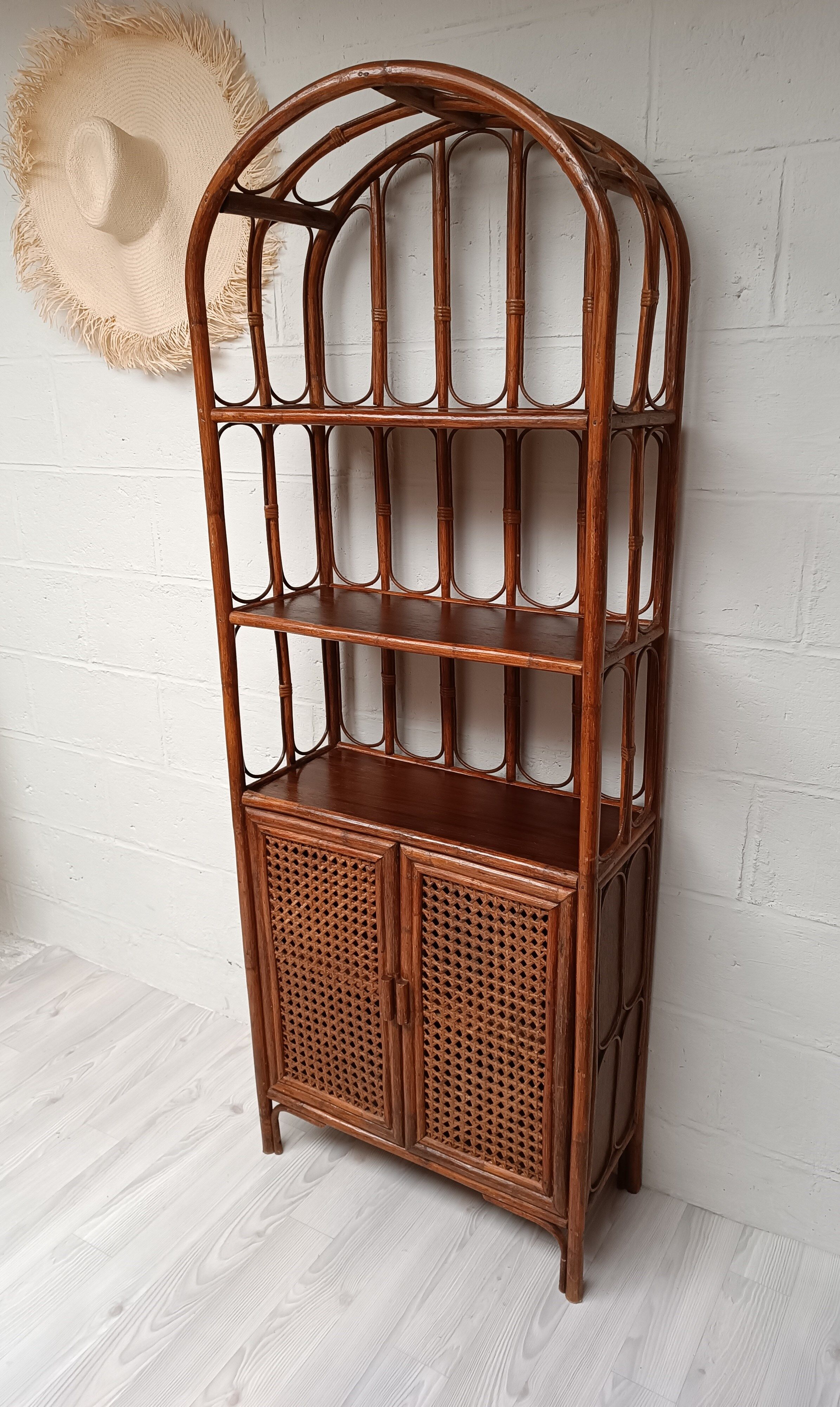 Vintage bamboo bookcase and canning