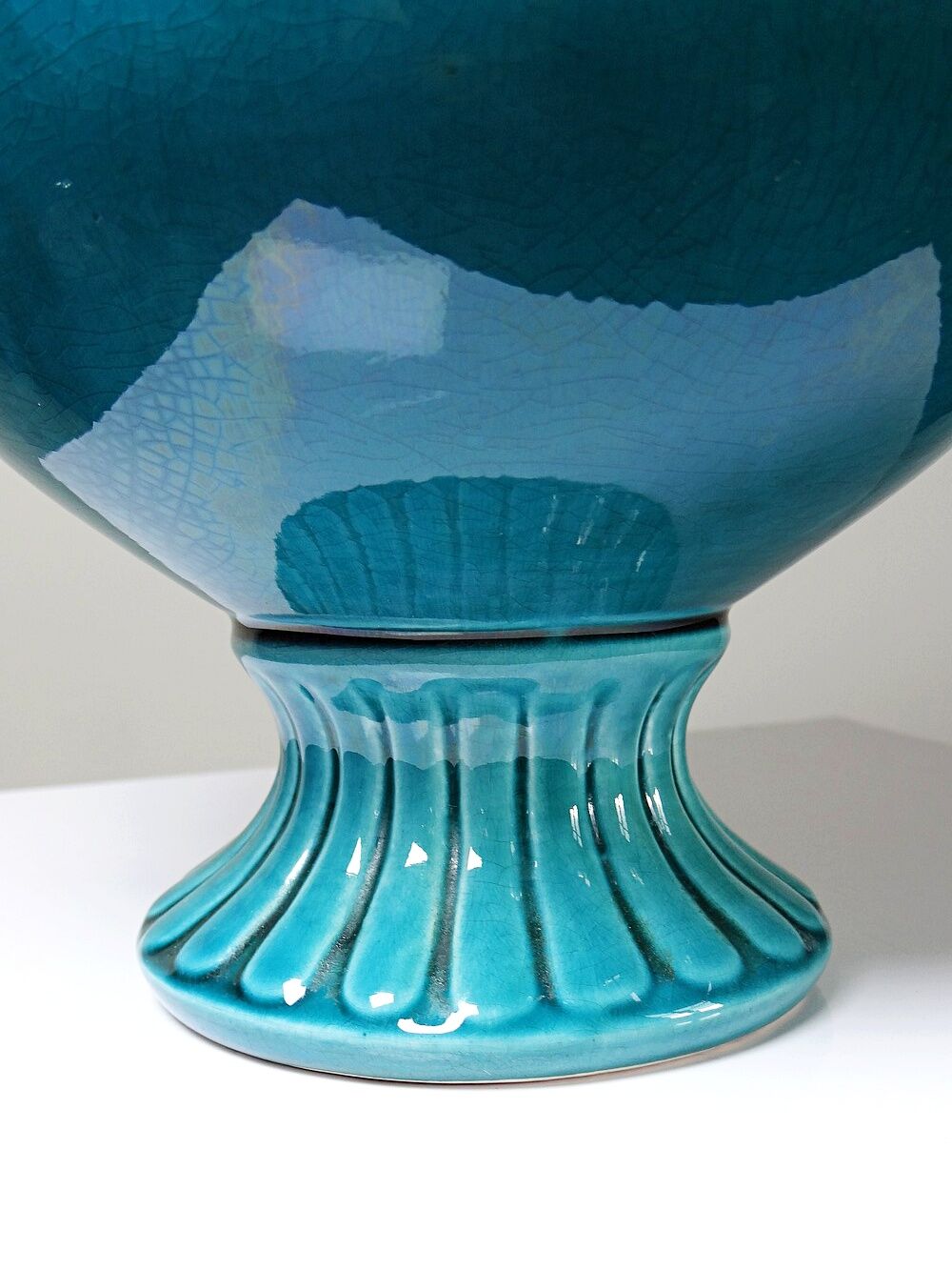 Turquoise & cobalt blue glazed earthenware vase/cache-pot by D. Dinis, 1960s-80s.