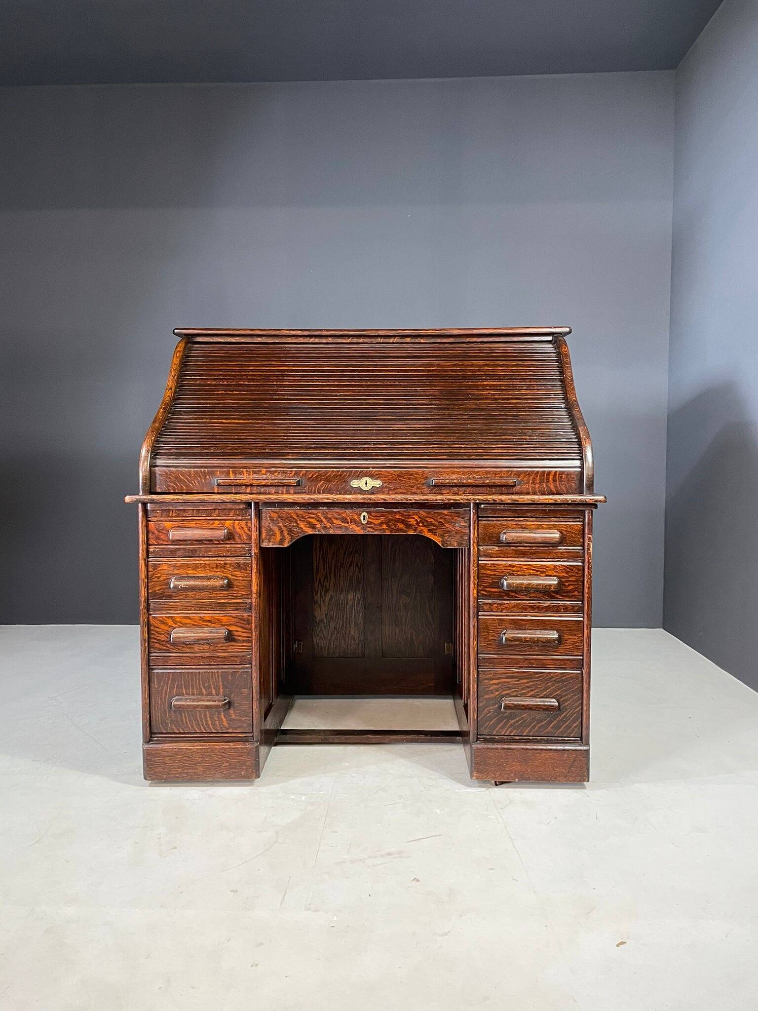 American roll-top desk, solid oak, Czechoslovakia, 1930s