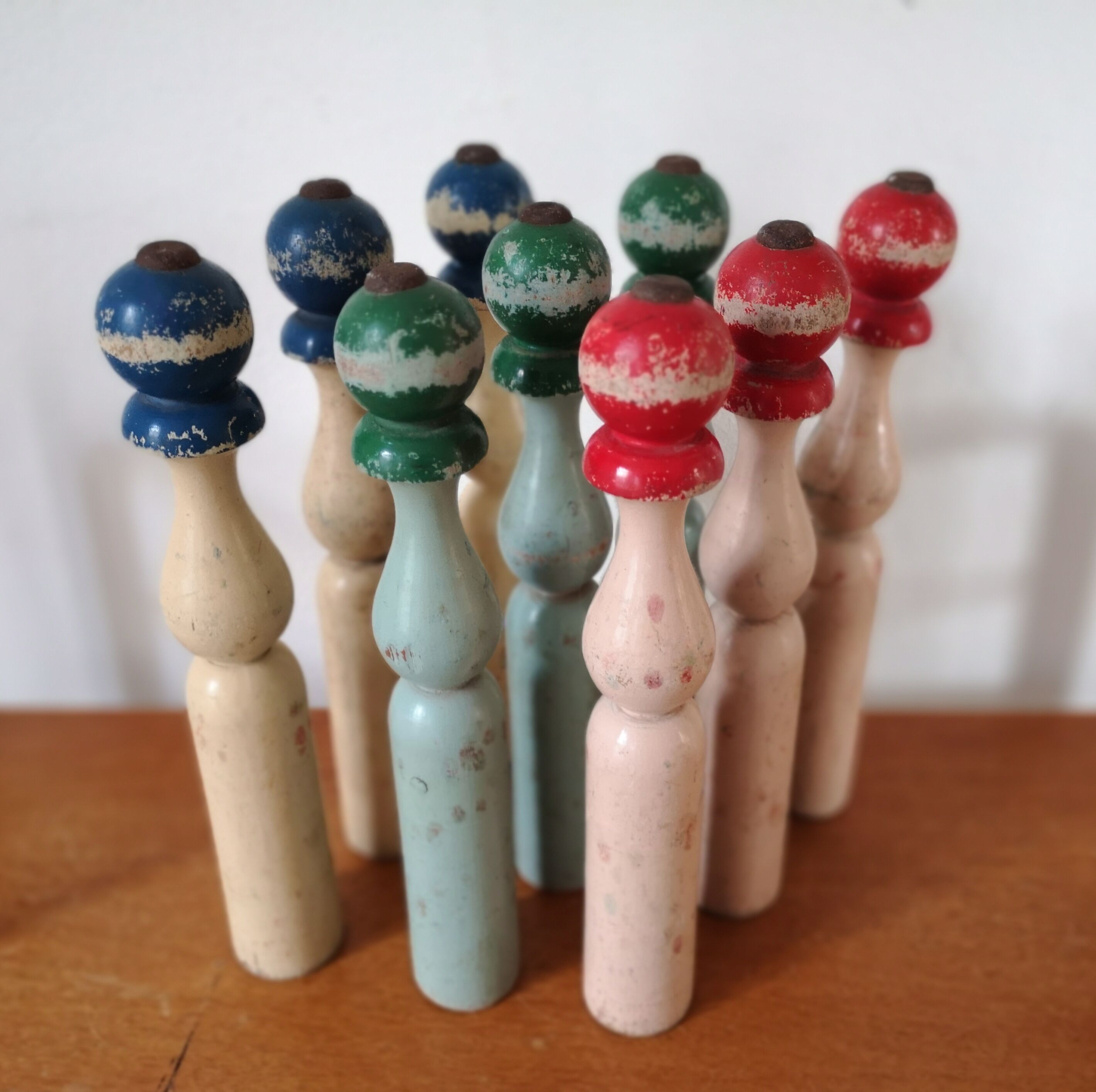 Series of 9 old bowling painted wood