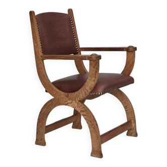 1950s, Danish design, reupholstered armchair, natural brown leather, oak wood.