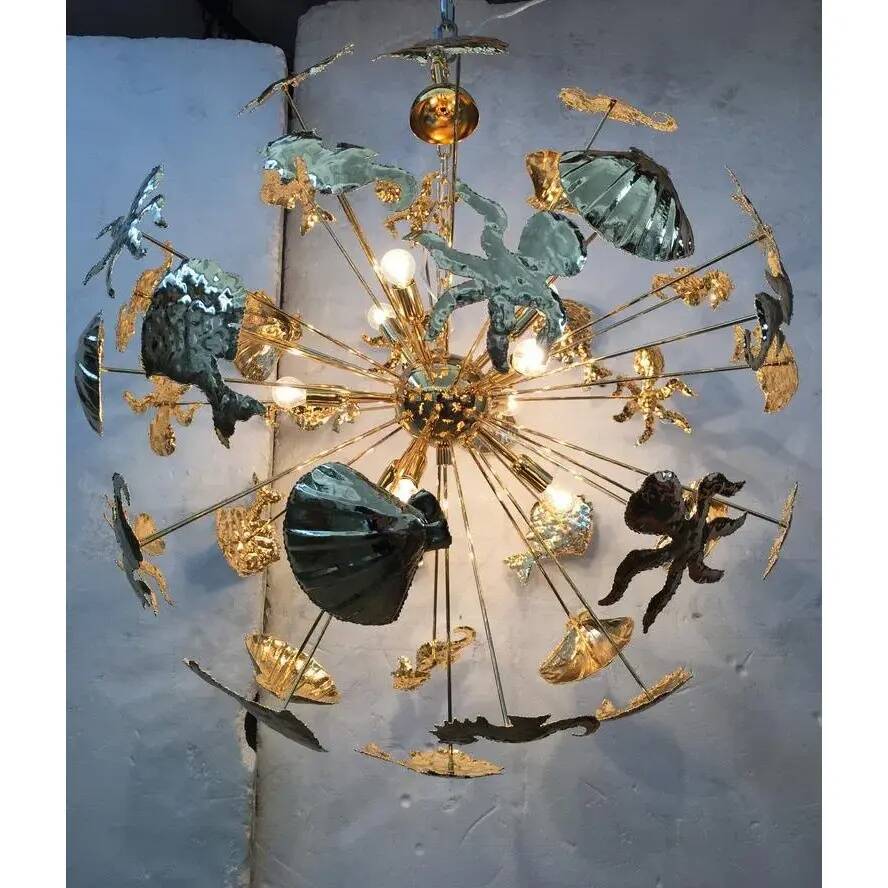 Mid-Century Sputnik Chandelier with Brass and Gold Metal Frame