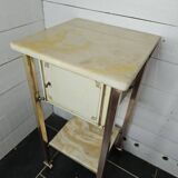 Bedside table in patinated iron, brass and marble tops
