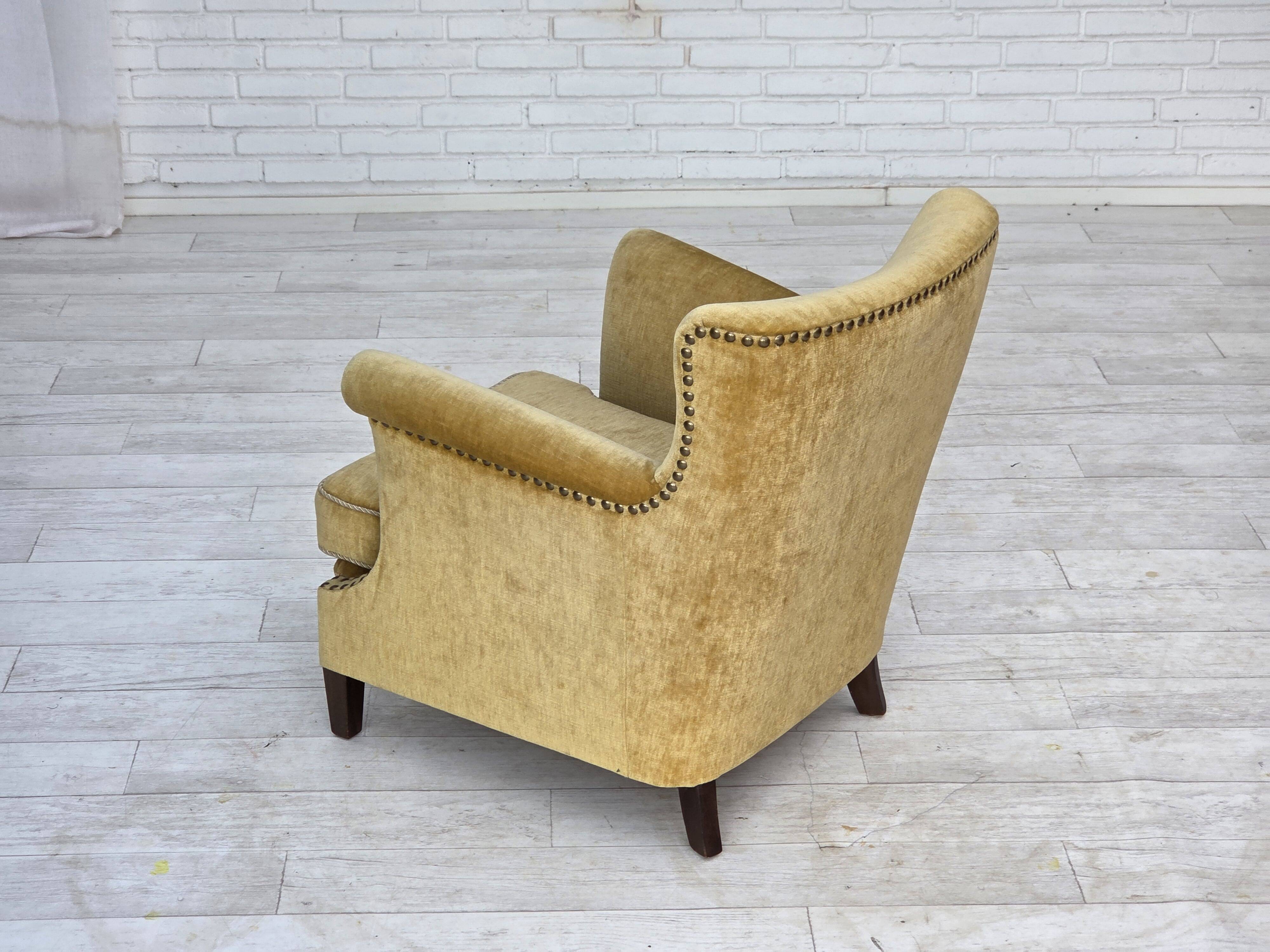 1960s, Danish armchair, honey-yellow furniture velour, original condition.
