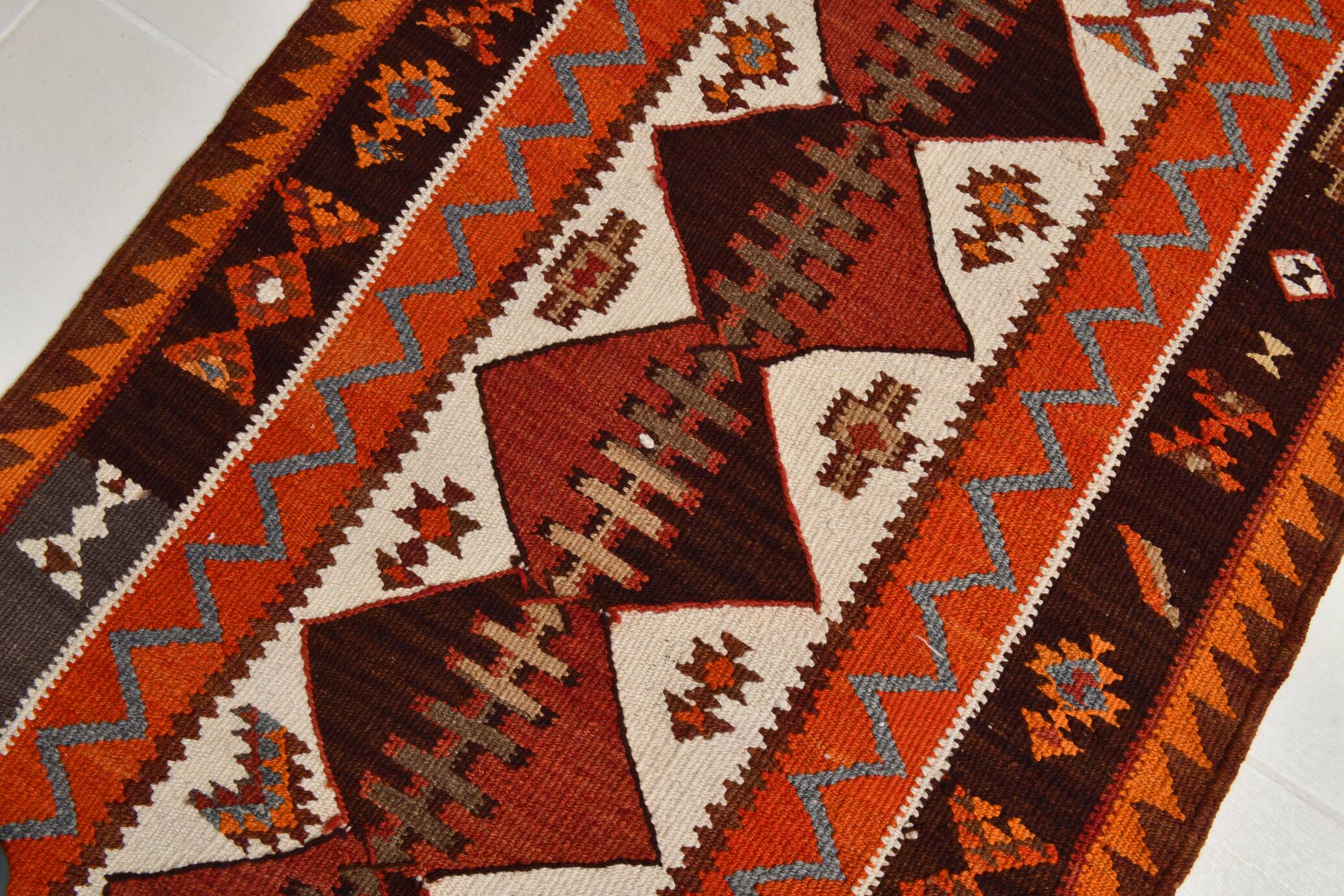Orange & Brown Vintage Kilim Runner Rug, Oriental Pattern Hallway Carpet