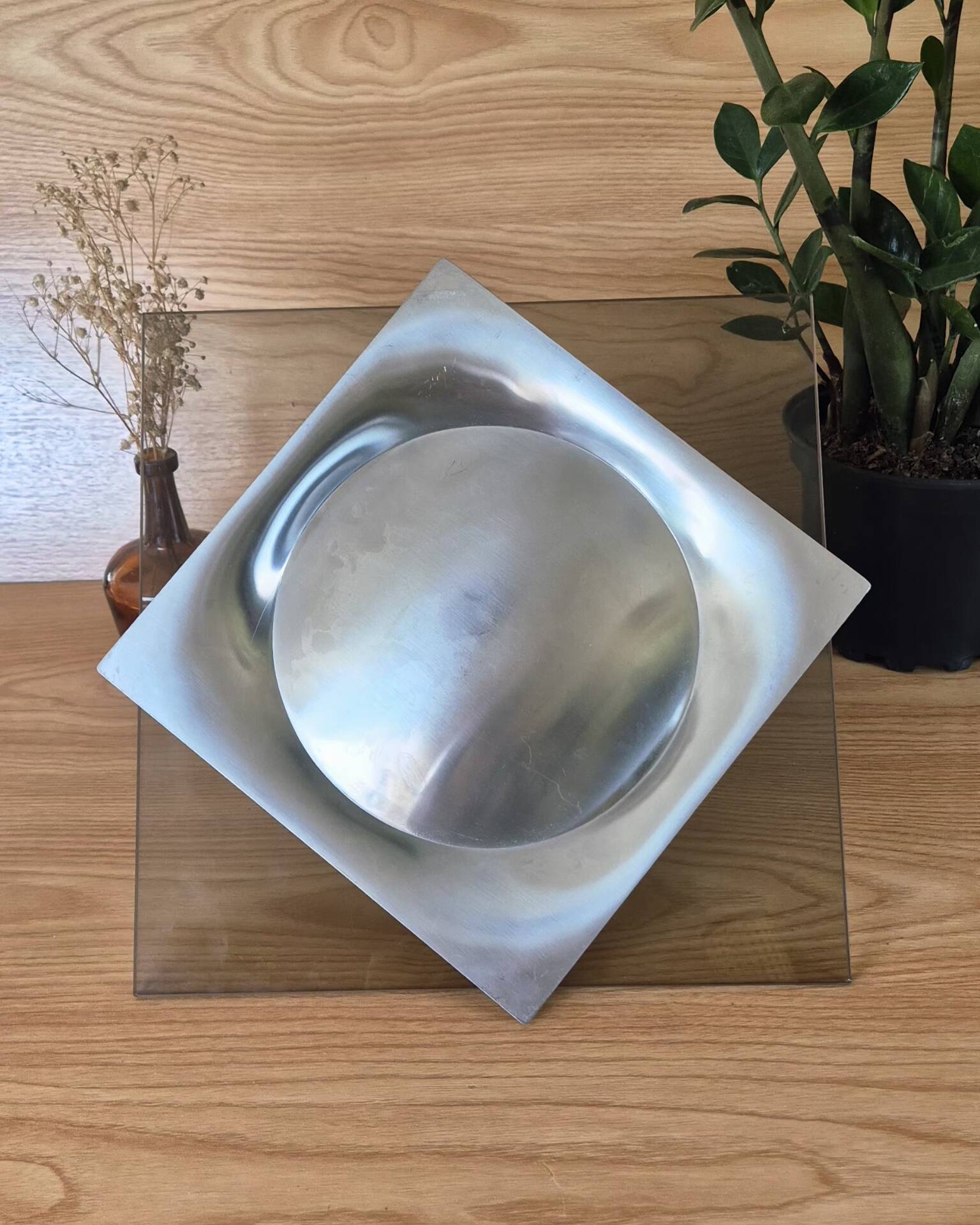 Space age 1970 vintage rotating cheese platter smoked glass chrome
