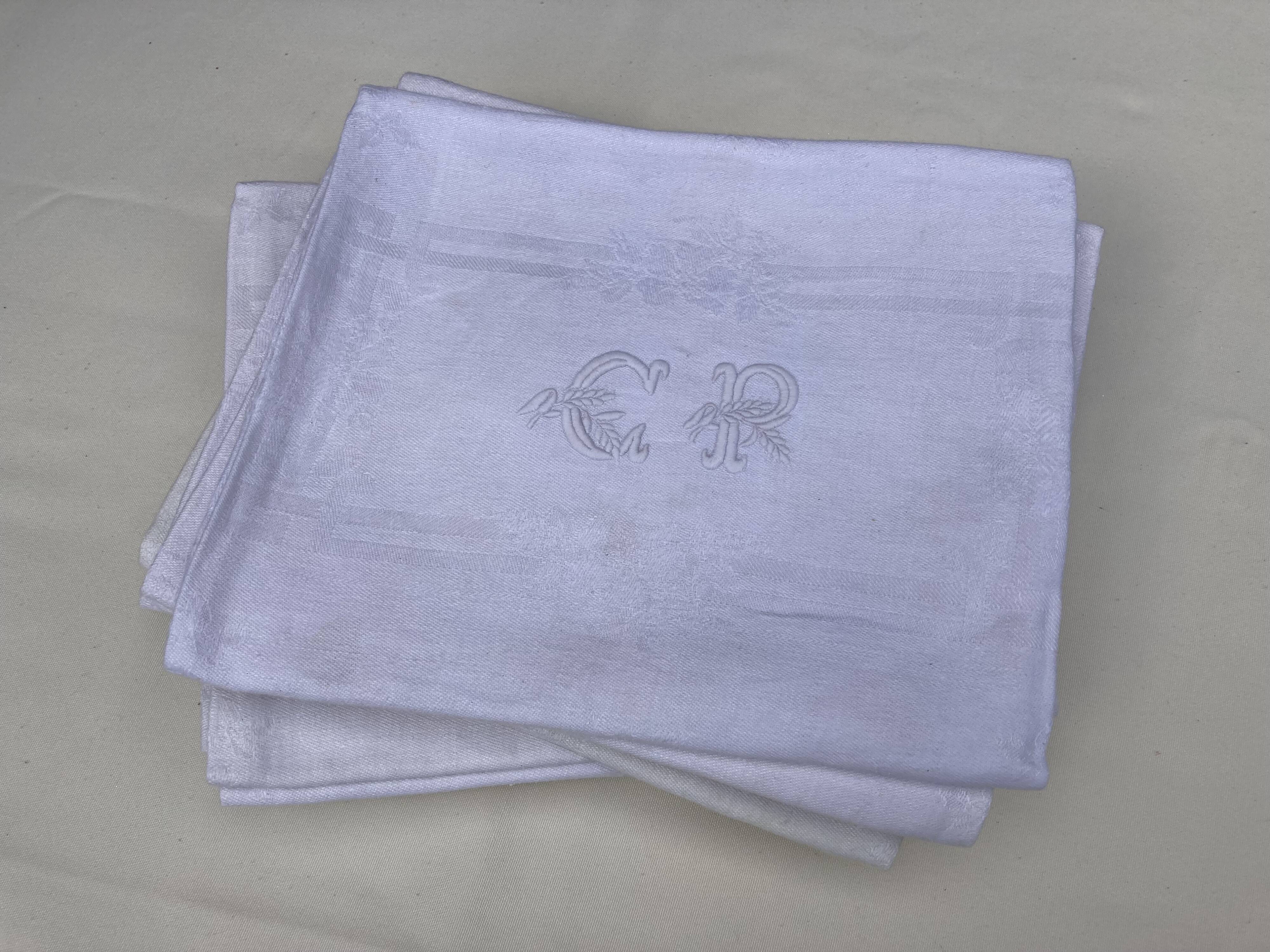 10 old damask and monogrammed napkins
