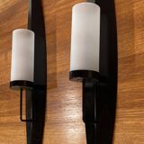Pair of Scandinavian design candle holders in glass and metal.