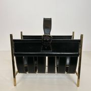Black Leather Quilted Magazine Holder with Brass Loop Handle. Work