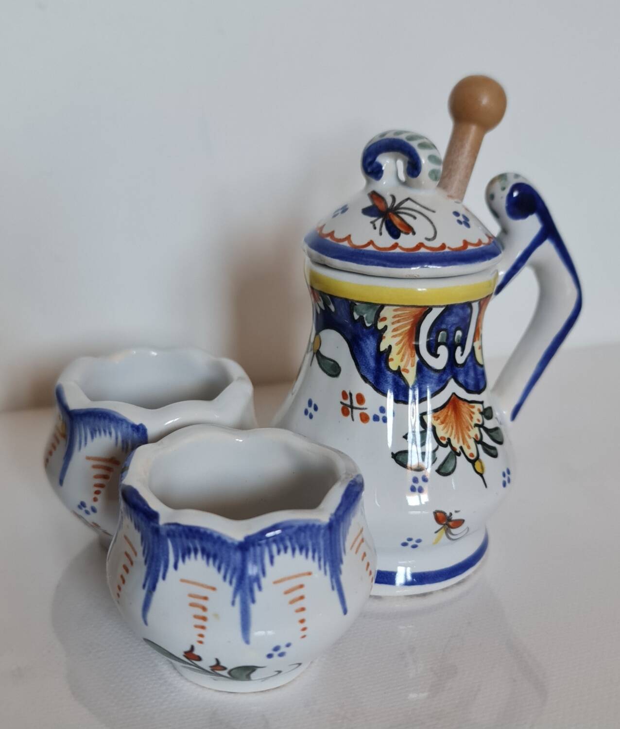 Mustard, salt and pepper shaker set with Rouen decor