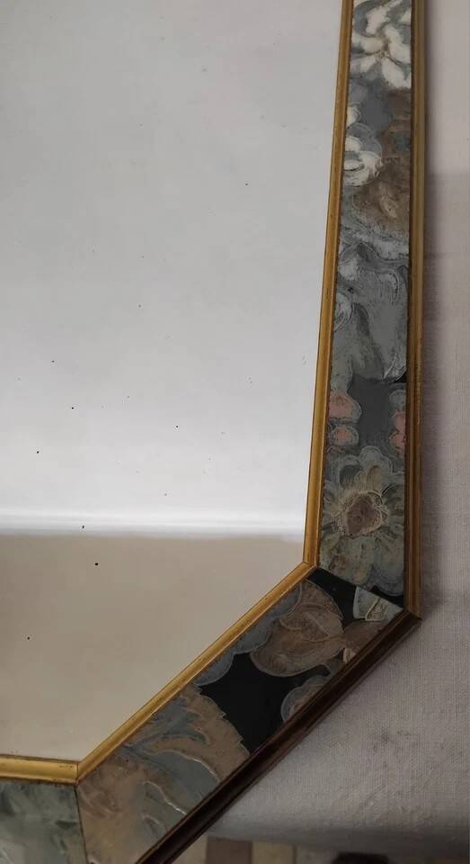 Antique Octagonal Mirror 45x35 with Floral Decor from the 80s Vintage