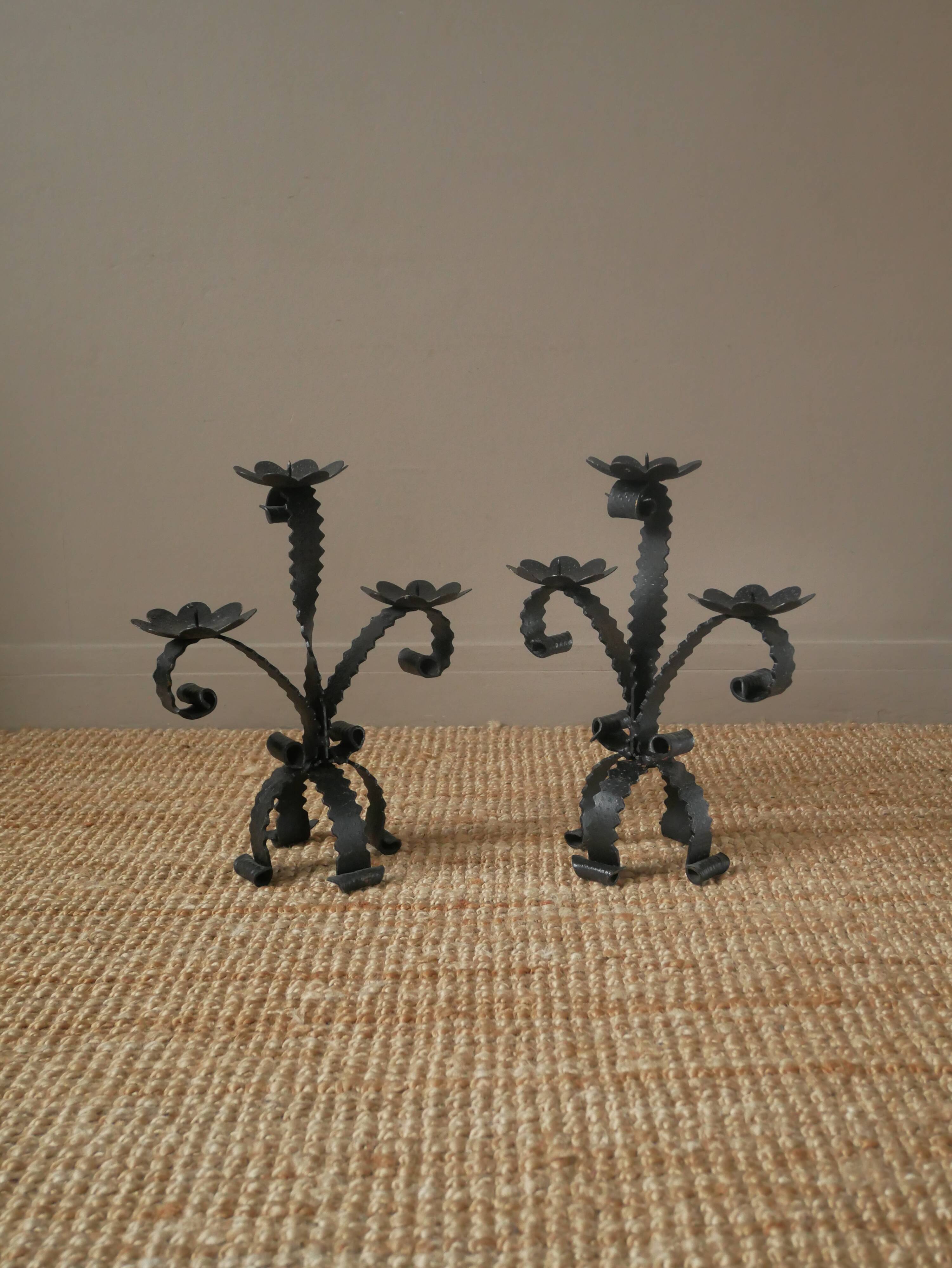 Pair of candelabra candlesticks wrought iron candlesticks handcrafted brutalist decoration