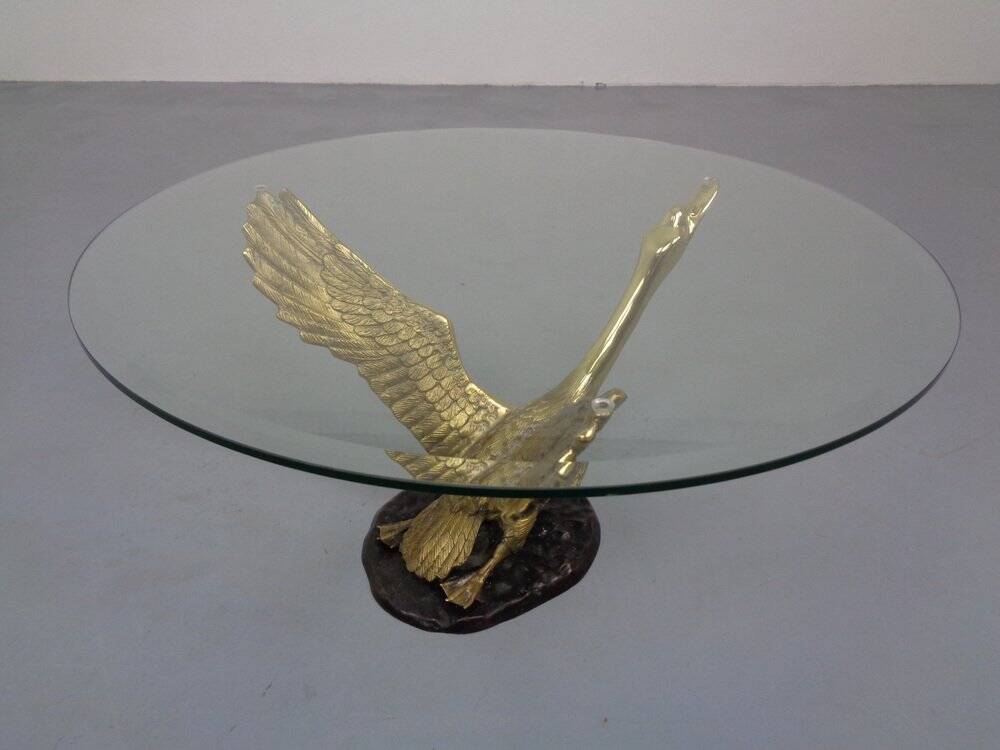 French Swan Coffee Table in Brass and Glass, 1960s