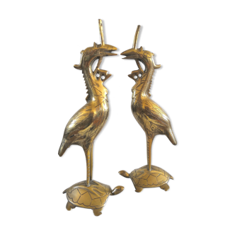 Pair of chiseled brass cranes on turtle design 50s - 60s