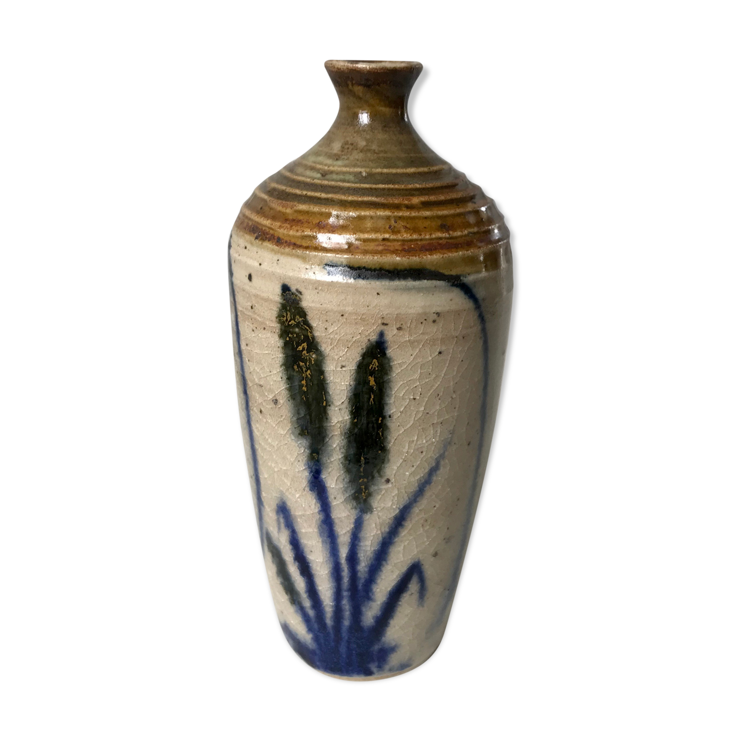 Bottle / soliflore in stoneware artisanal pottery signed "La Roquebrou" 70s