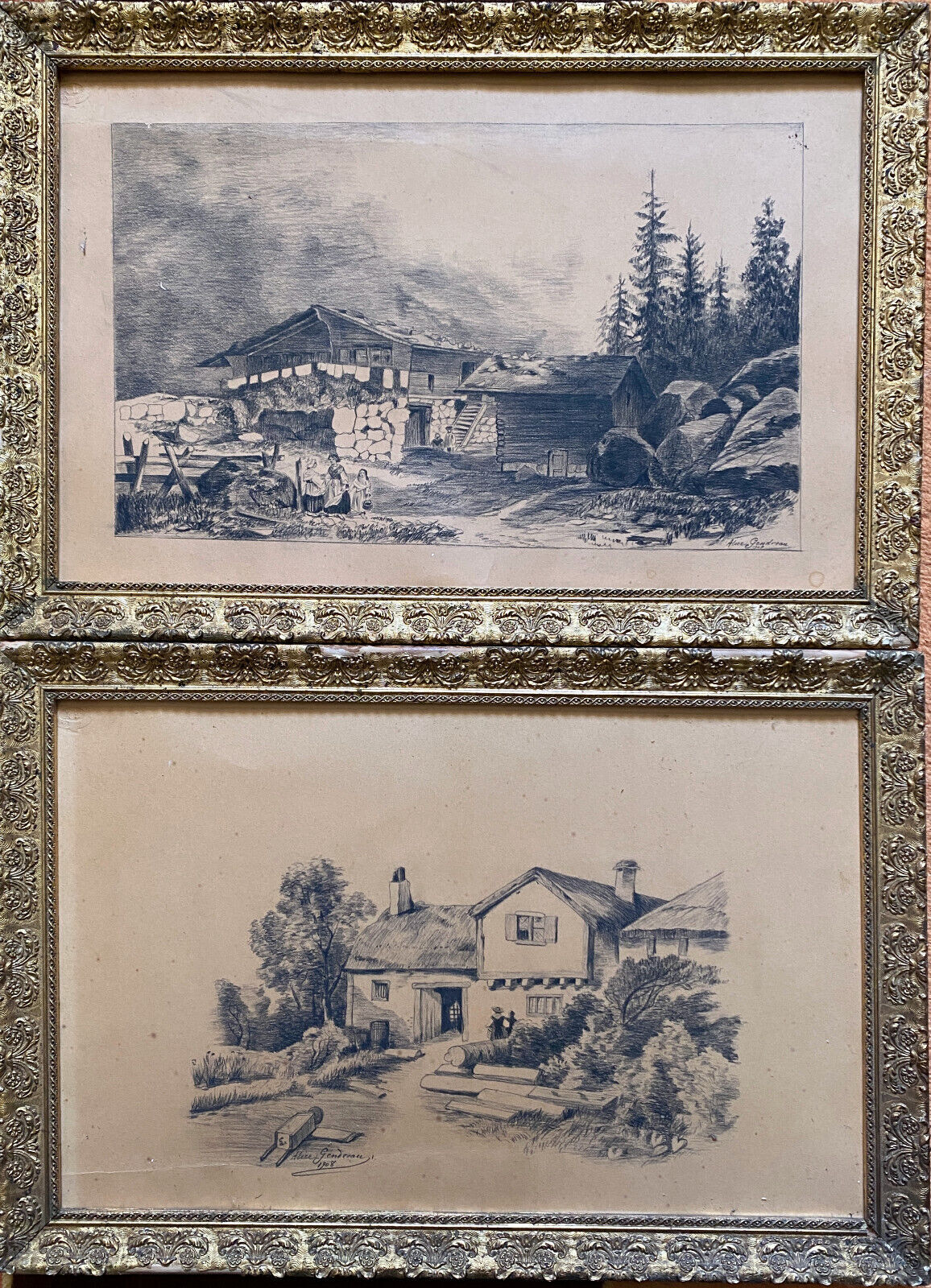 Pair of original drawings by Alice Gendreau dated 1908 "Alpine Landscapes"