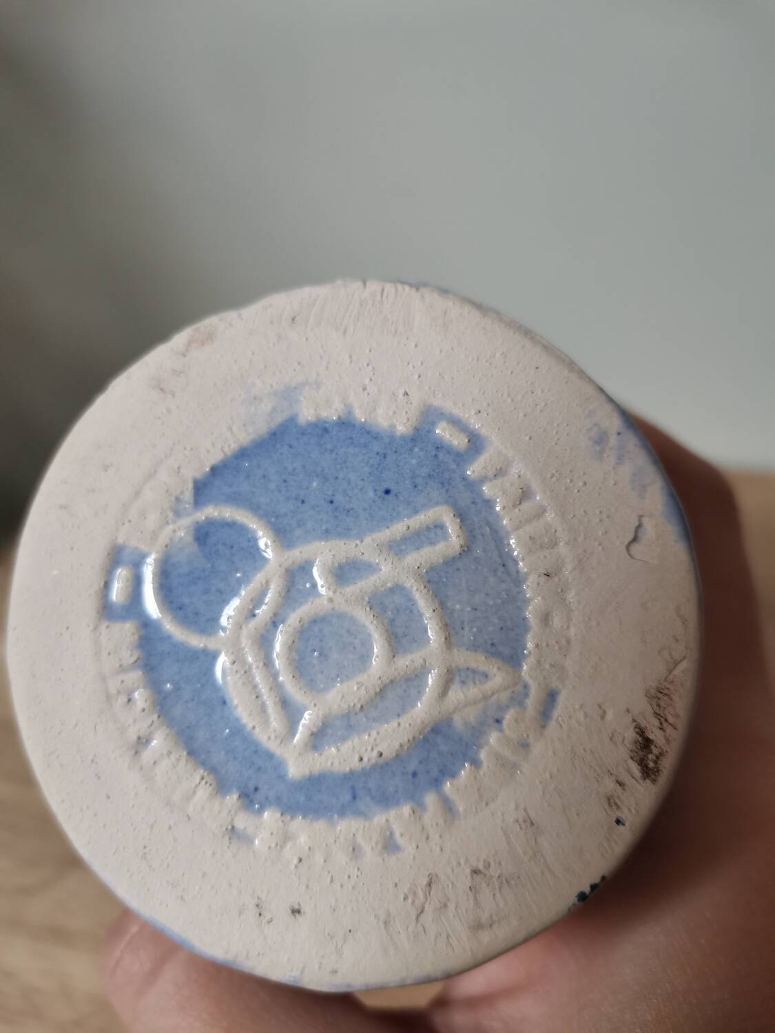 Nutmeg spice pot in vintage blue ceramic vegetable pattern stamped sipa France advertising