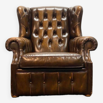 Vintage Brown leather chesterfield wingback armchair