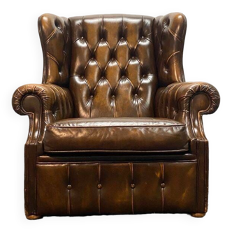 Vintage Brown leather chesterfield wingback armchair