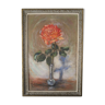 Ancien Tableau Peinture Huile sur tissu velours Rose Vase Soliflore Signé