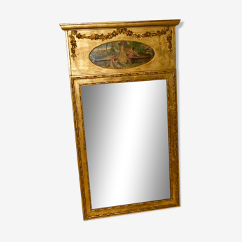 Miroir trumeau bois doré ancien fronton sculpté fleuri peinture romantique h 135 cm