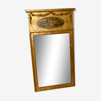 Mirror trumeau old golden wood carved pediment floral romantic painting h 135 cm