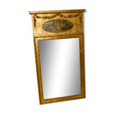 Miroir trumeau bois doré ancien fronton sculpté fleuri peinture romantique h 135 cm