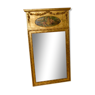 Mirror trumeau old golden wood carved pediment floral romantic painting h 135 cm