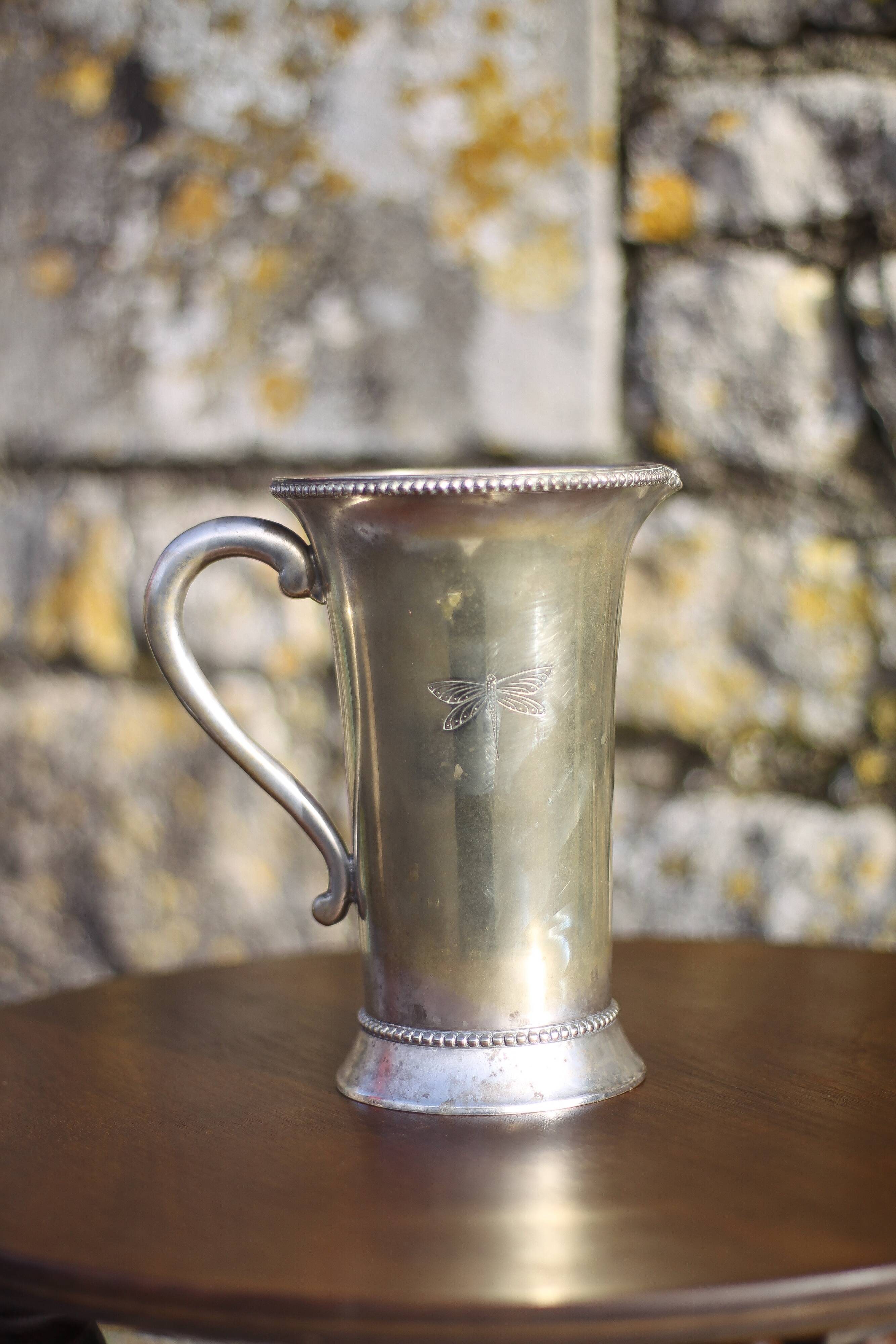 Antique metal carafe, jug, pitcher with handle, engraved dragonfly, collection