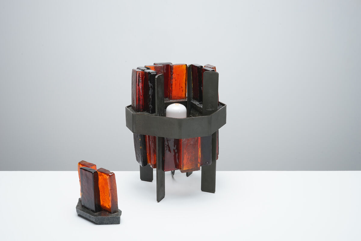 Rare lamp by Jacques Avoinet in glass and wrought iron circa 1950