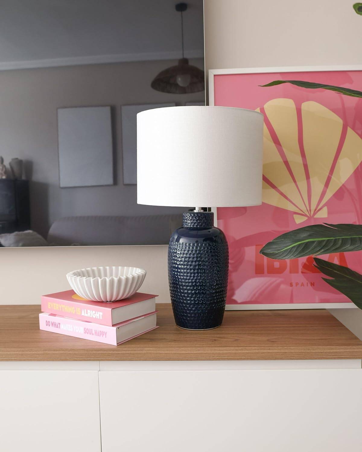 navy blue ceramic table lamp with shade