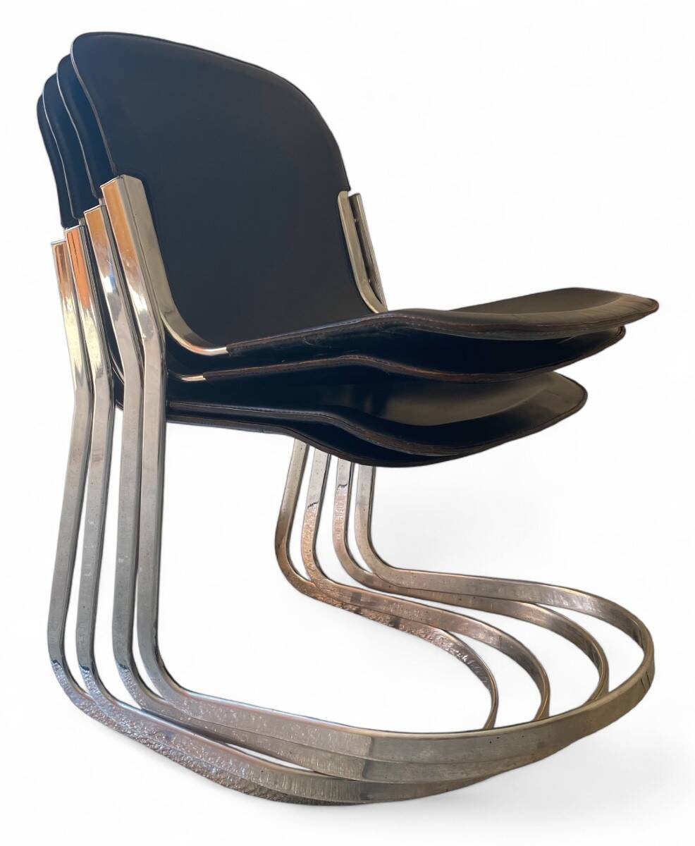 4 leather and chrome metal chairs attributed to Willy Rizzo, 1970s