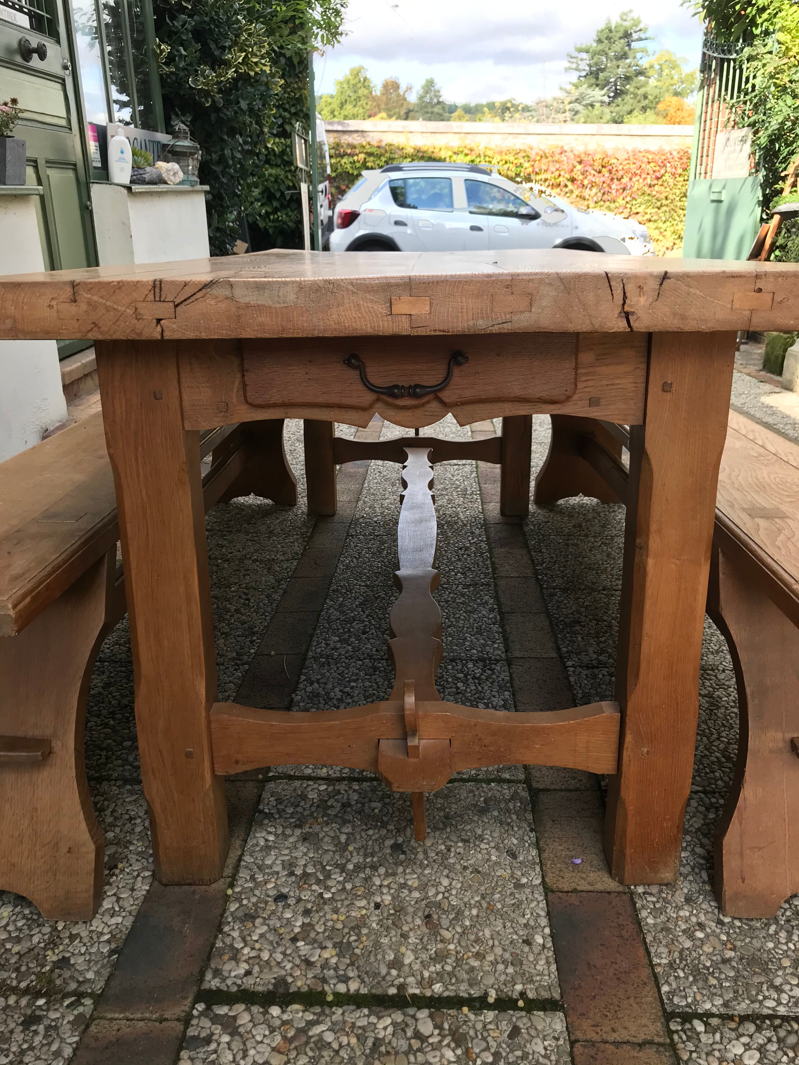 Farm table and two solid oak benches