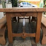 Farm table and two solid oak benches