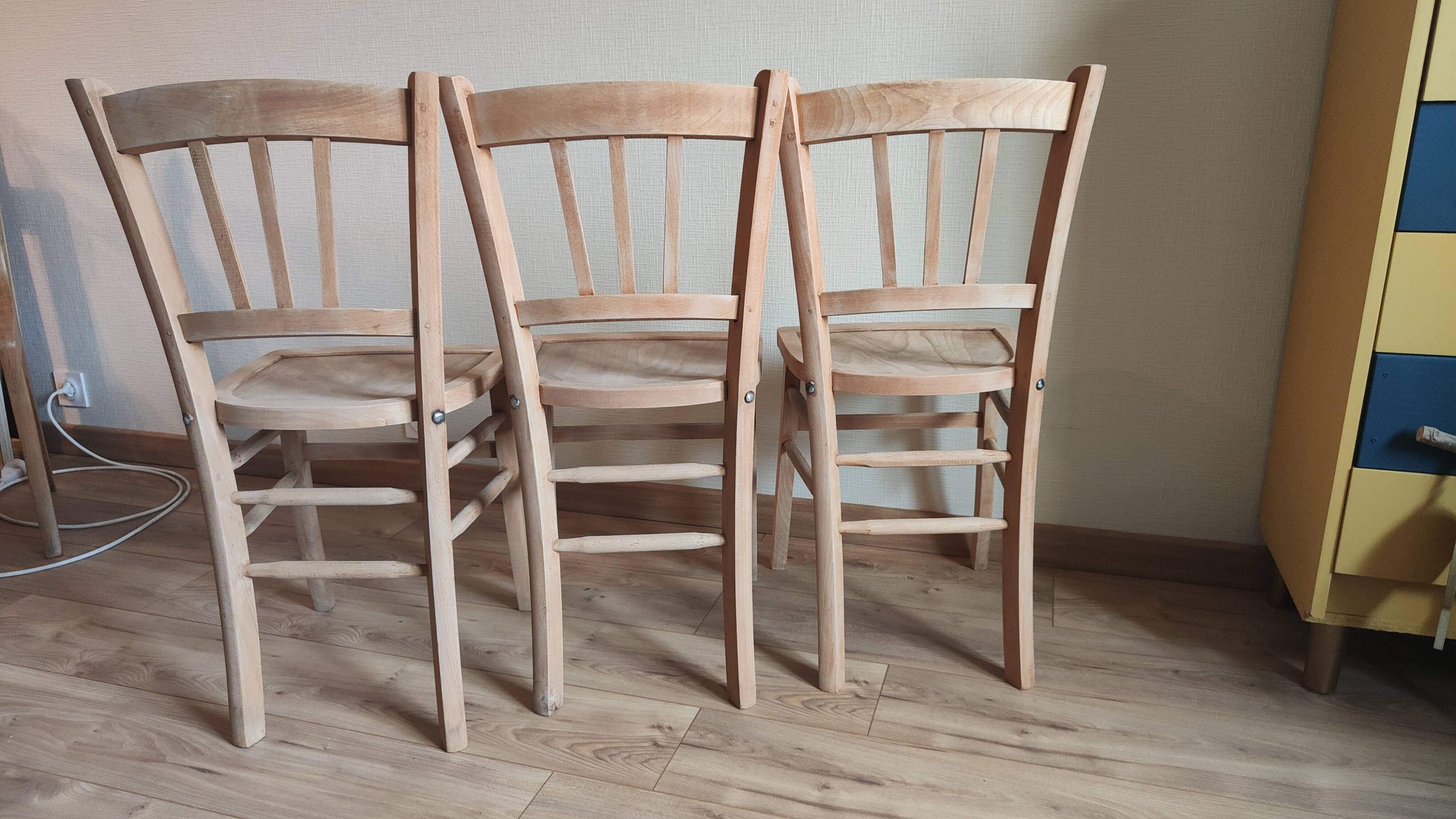 Set of 3 vintage bistro chairs in raw wood (Beech) - Luterma / Ba style