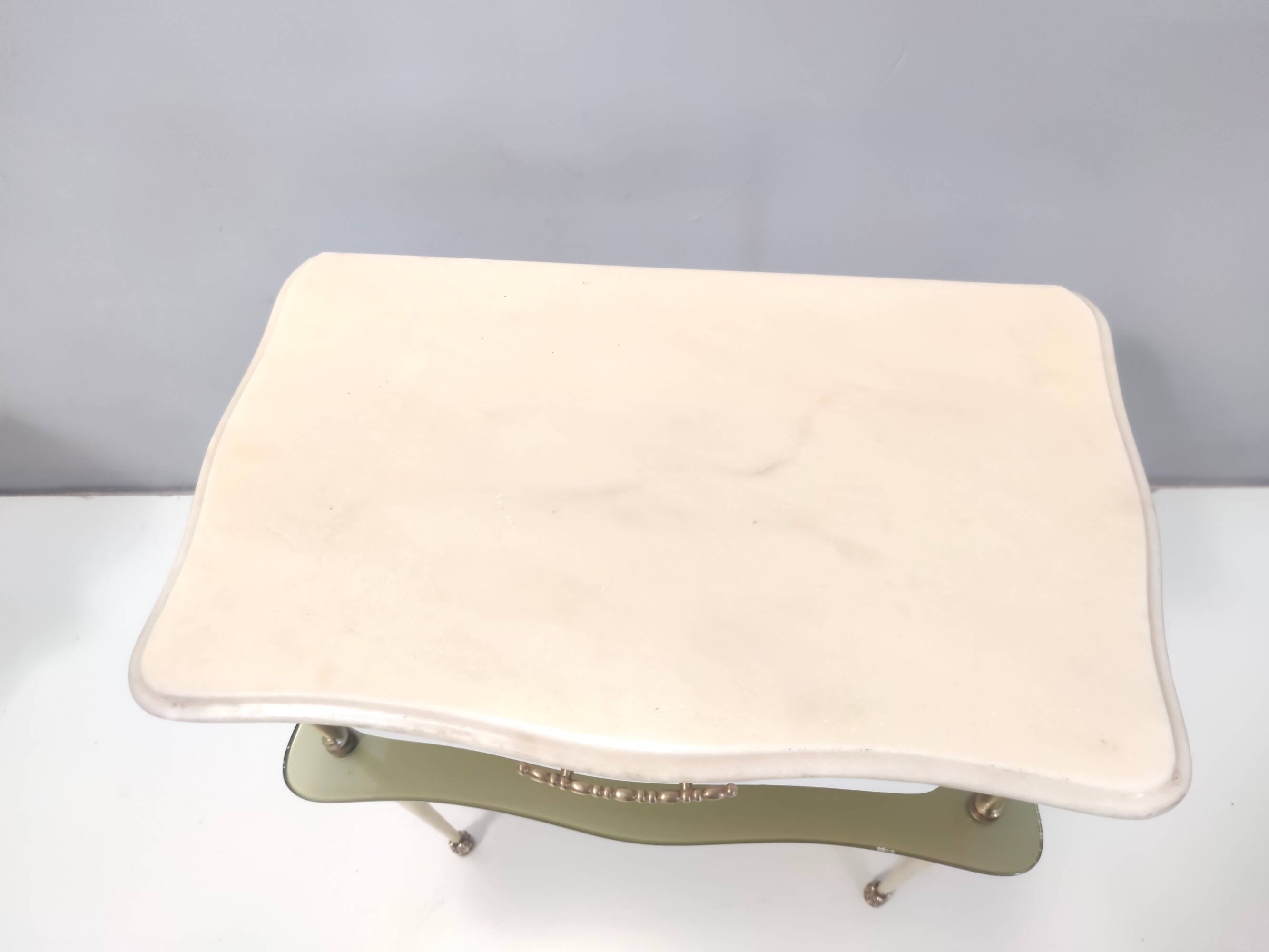 Pair of White Lacquered Nightstands with Marble Tops and Glass Shelves, Italy