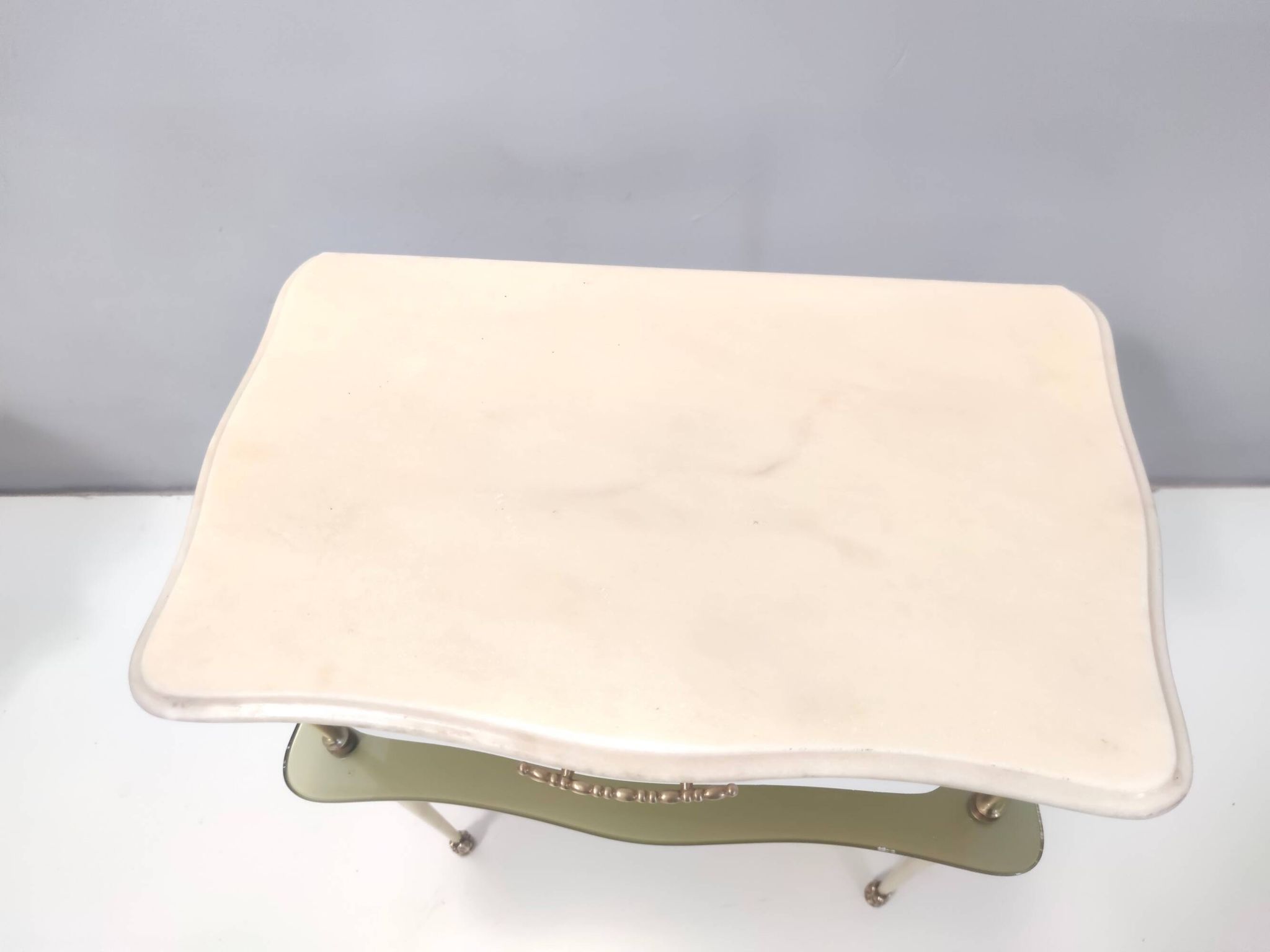 Pair of White Lacquered Nightstands with Marble Tops and Glass Shelves, Italy