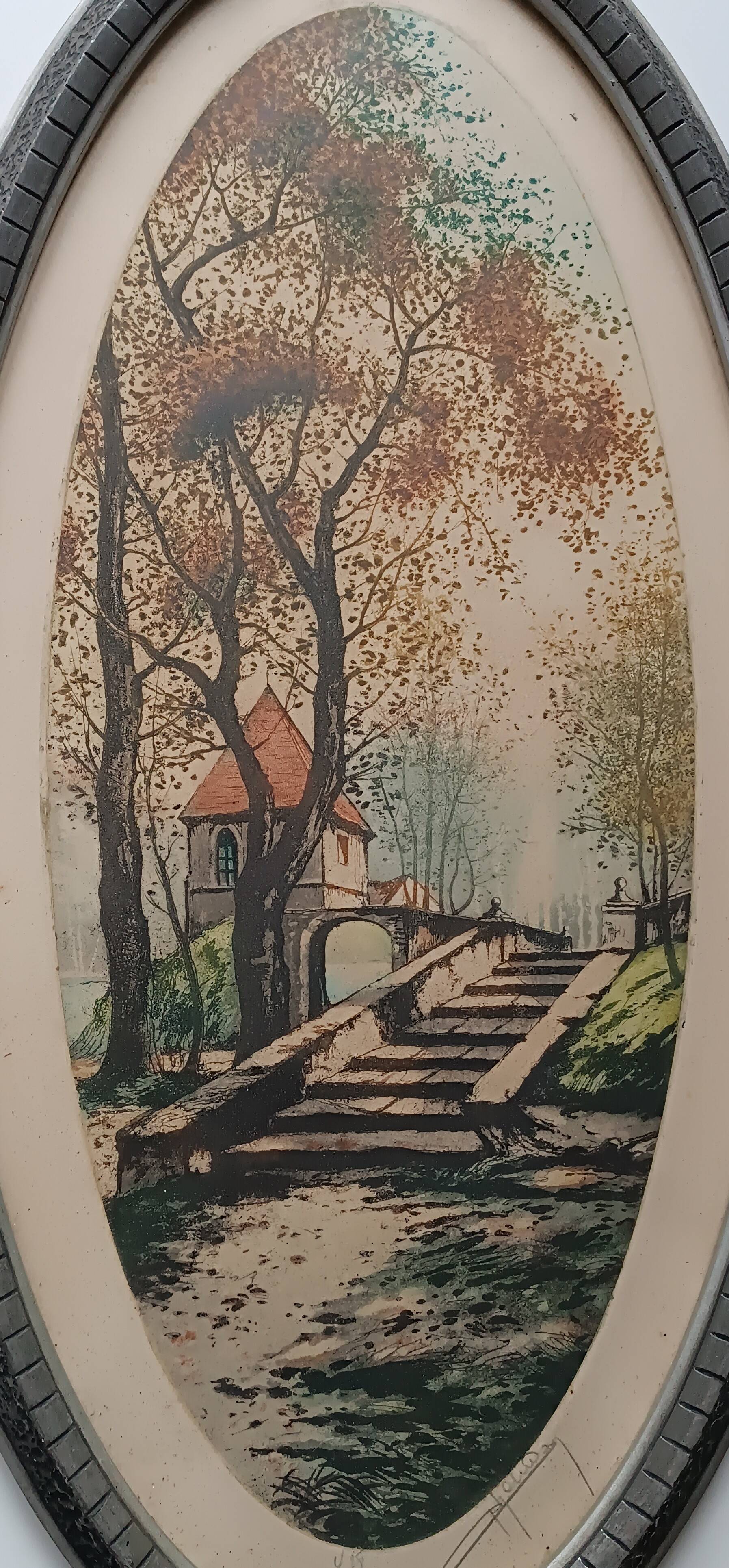 Pair of color lithographed landscape paintings