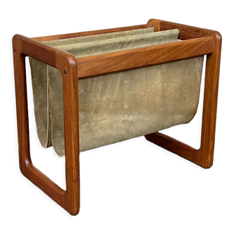 60's 70's newspaper holder magazine rack by Aksel Kjersgaard in teak and suede