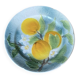 Vintage celadon green slipware plate with fruit decoration - Saint Clément