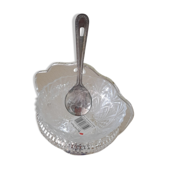 Silver jam bowl with spoon and glass bowl