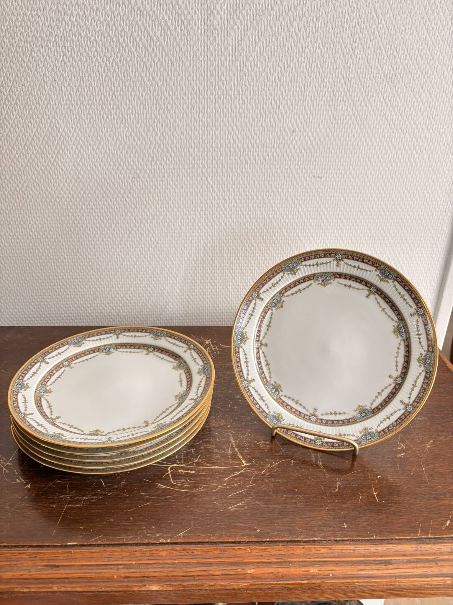 6 Dessert Plates Limoges Porcelain Harreau Fluted Edge Neo-Classical
