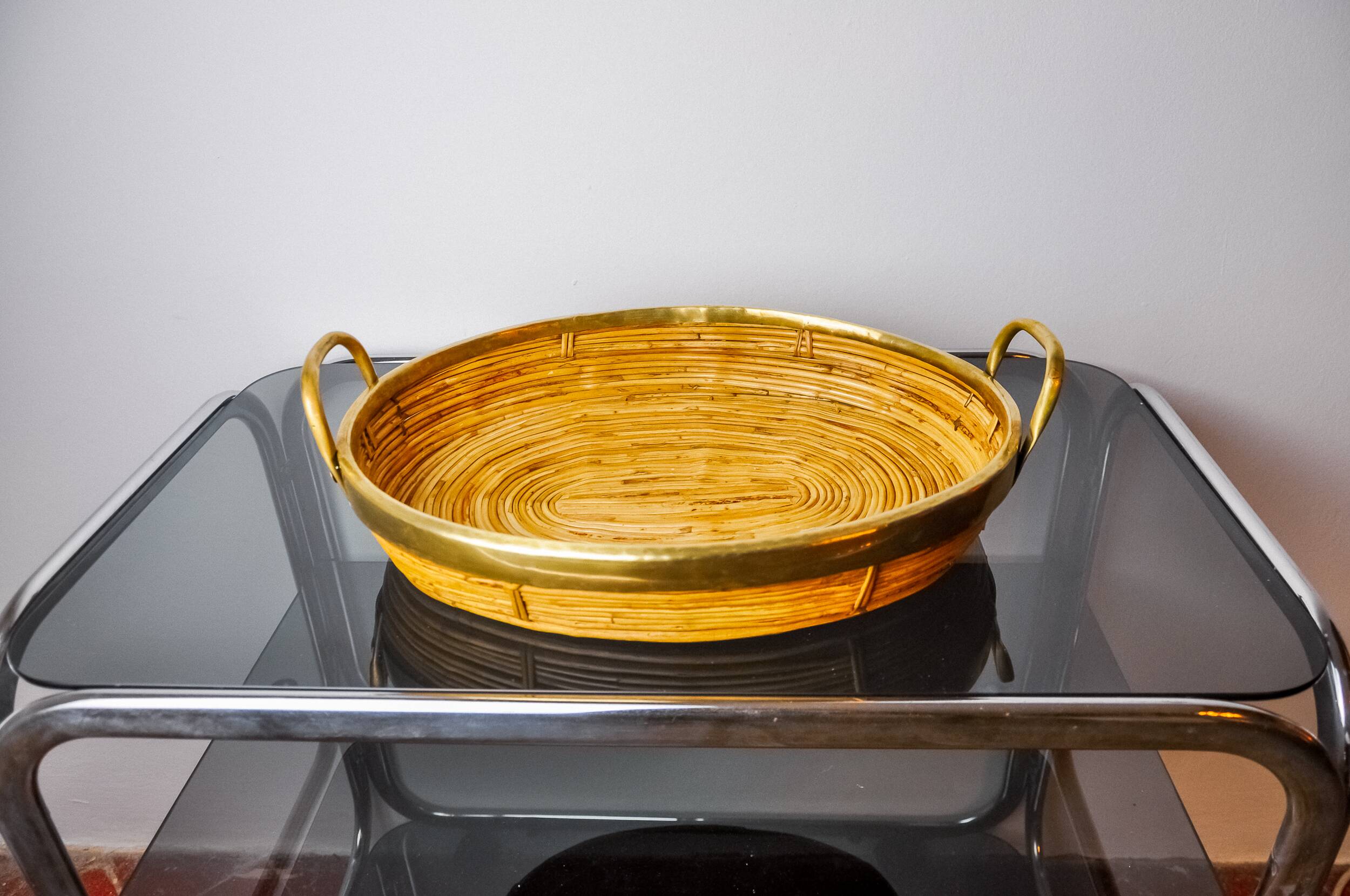 Rattan and brass tray, Italy, 1970