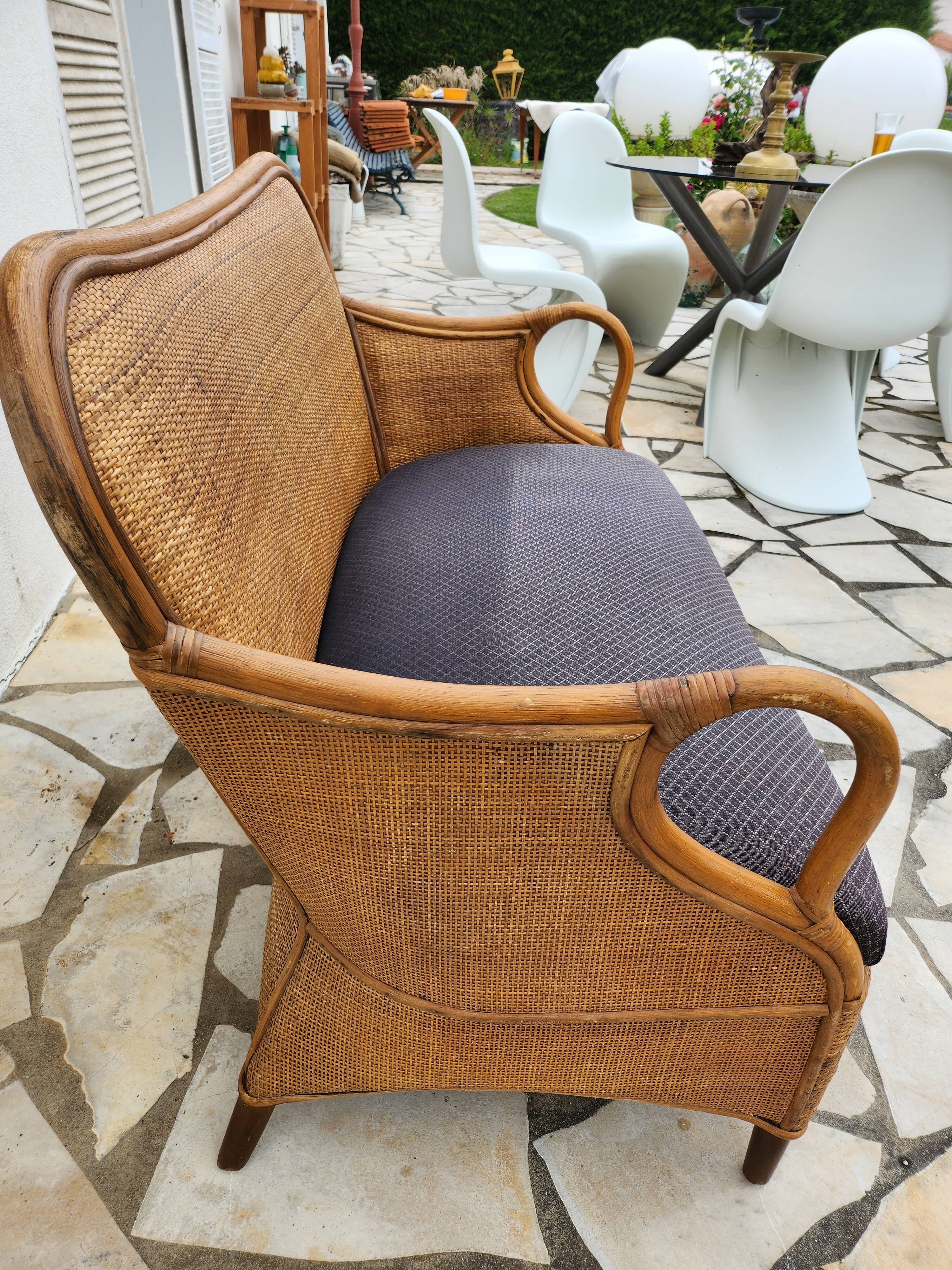 Vintage bench 2 places in rattan and woven rice straw.